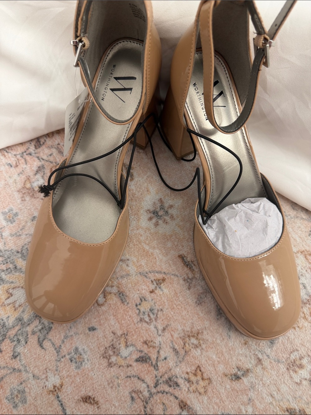 Worthington Tan Patent Square-Toe Block Heel Ankle-Strap Pumps - Picture 7 of 9